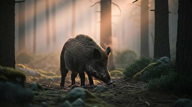 Wild boar walking through dense forest during sunset in natural setting