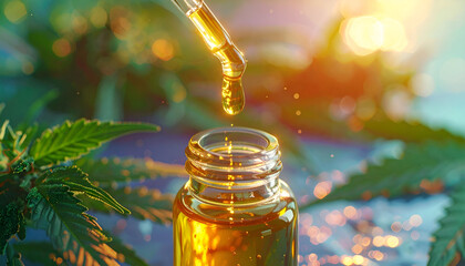 Macro photo of CBD oil drop with natural leaves in sunlight.