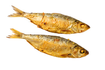 Two golden fried small fish presented together on a dark background isolated on transparent background