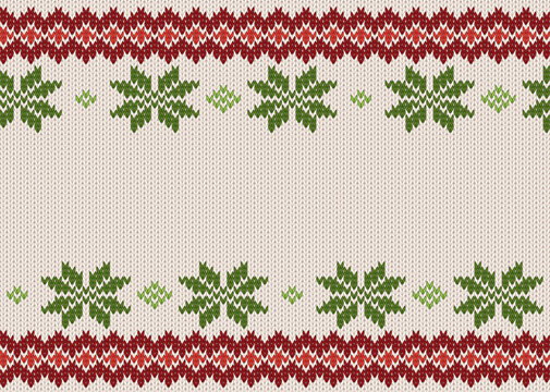 illustration of a red, green and white textured knitted background with Christmas patterns
