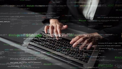 Close-up of hands typing on a laptop in a professional setting with an overlay of programming code, symbolizing modern technology and software development practices. Xenic