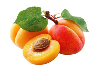 Three ripe apricots, one halved to reveal its pit, with green leaves on a black background