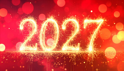 Happy New Year 2027 written with golden fireworks on vibrant red night sky.