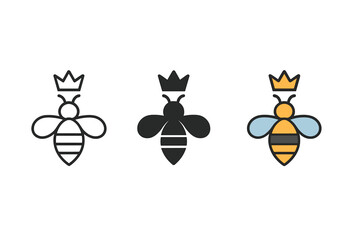 Queen Bee Icons. Minimalist queen bee tracking icon: three identical bees with crowns in a row, first in line style with thin