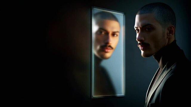 A Thoughtful Reflection: A Pensive Man Gazes at His Mirror Image, Capturing the Essence of Introspection and Self-Discovery Against a Dark Backdrop.
