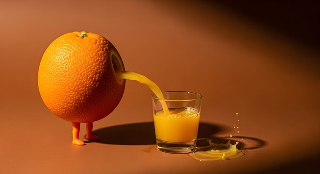 Surreal Orange Juice: Whimsical Orange Fruit with Legs Squeezing Fresh Drink into a Glass