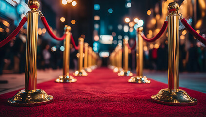 Luxury red carpet aisle lines the venue with stanchions and ropes, warm lights and soft bokeh make a classic awards ceremony look