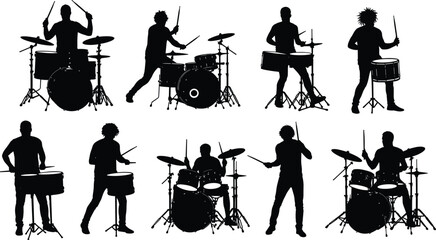 Silhouette drummers playing drums, music band percussion performance, rock musician vector illustration, drummer on stage, concert rhythm entertainment art