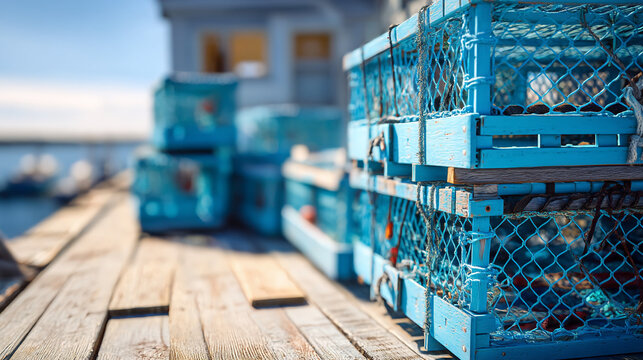 Stacked blue lobster traps on a wooden dock with blurred background on a sunny day