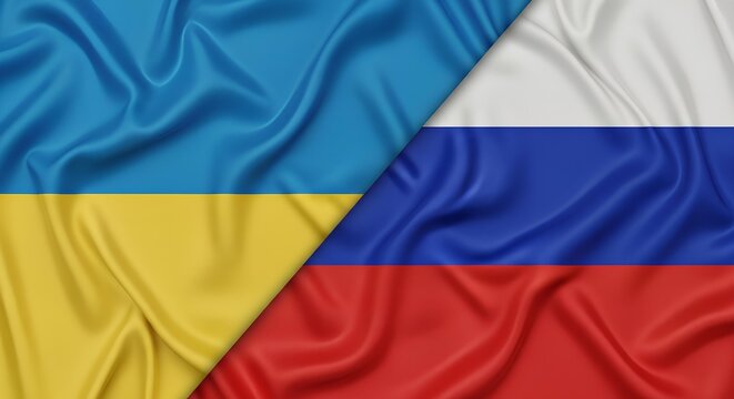 Flags of Ukraine and Russia depicted diagonally opposing each other.