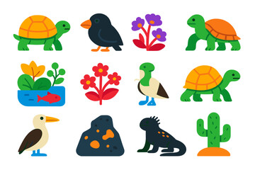 Fototapeta premium Nature Reserve Icons. Flat vector icons of Nature Reserve: tortoise, finch, iguana, unique ecosystem, endemic plants, giant
