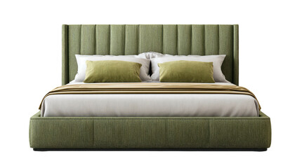 Green bed with striped headboard, white sheets, green and tan pillows against a black background