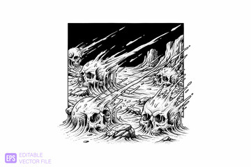 Fototapeta premium Burning Skulls and Bones in a Fiery Inferno.