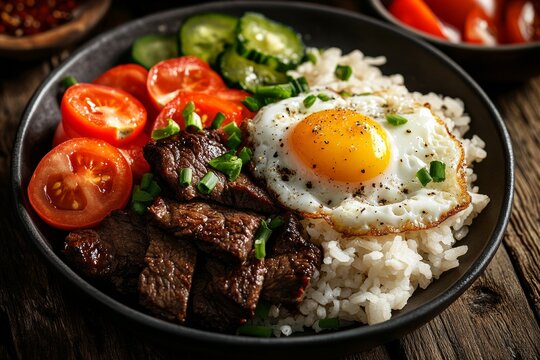 Traditional filipino tapsilog breakfast with garlic fried rice and sunny side up egg on a plate