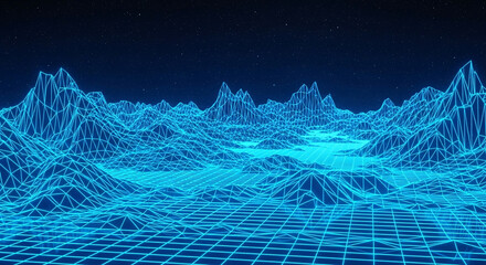 Neon Wireframe Mountain Landscape Under Starry Sky