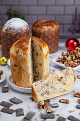 Homemade sweet bread filled with chocolate, dried fruits, walnuts, almonds, peanuts, candied nuts, raisins, and fruit, Christmas and Thanksgiving holiday bread. 
