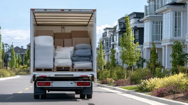 202Moving truck rear view with carefully packed belongings, blankets and bubble wrap protecting furniture, calm suburban street surrounding