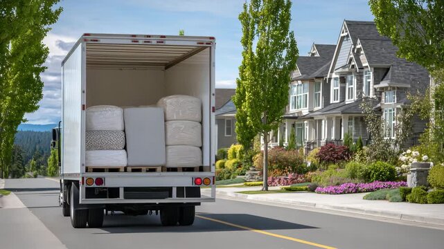 203Moving truck rear view with carefully packed belongings, blankets and bubble wrap protecting furniture, calm suburban street surrounding