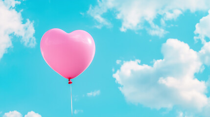 Naklejka na ściany i meble Minimal love concept featuring a pink heart-shaped balloon against a blue sky with white clouds, in soft pastel colors, creating a creative Valentine's Day scene. Naklejka na ściany i meble Minimal love concept featuring a pink heart-shaped balloon against a blue sky with white clouds, in soft pastel colors, creating a creative Valentine's Day scene.