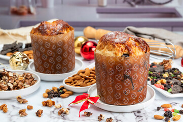 Homemade sweet bread filled with chocolate, dried fruits, walnuts, almonds, peanuts, candied nuts, raisins, and fruit, Christmas and Thanksgiving holiday bread. 