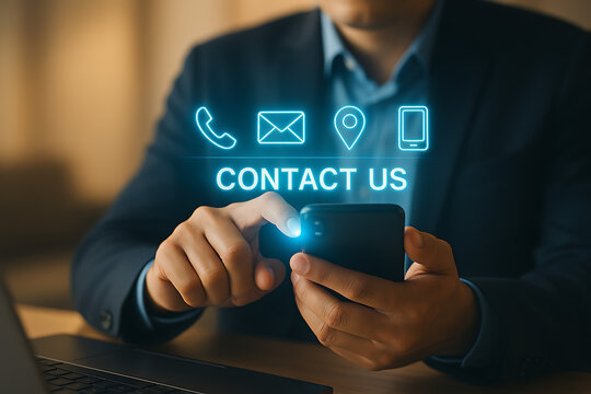 Businessman touching a smartphone screen with glowing blue icons for customer service and contact information.