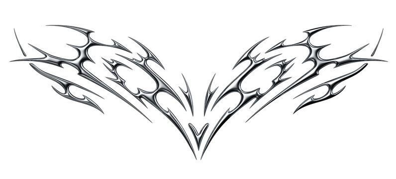 Chrome neo tribal tattoo. Succubus womb sigils and sharp cyber sigilism elements in liquid silver Y2K style	