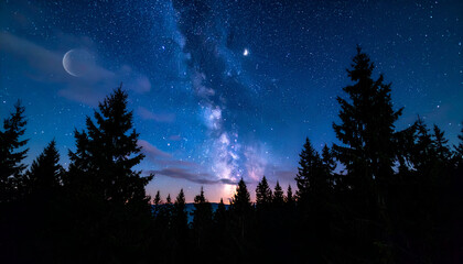 Milky Way and moon shining above pine trees, tranquil night sky full of stars and cosmic light.