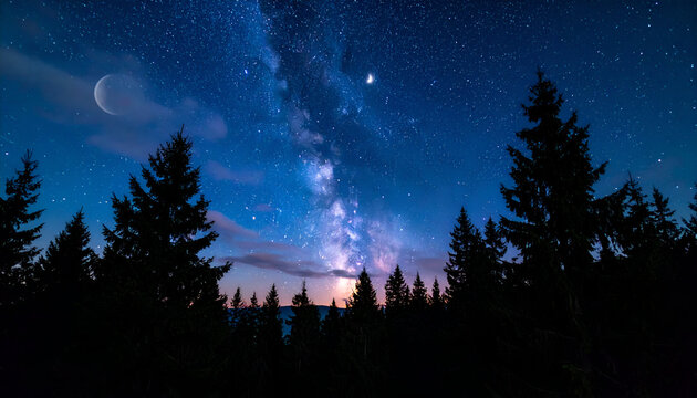 Milky Way and moon shining above pine trees, tranquil night sky full of stars and cosmic light.