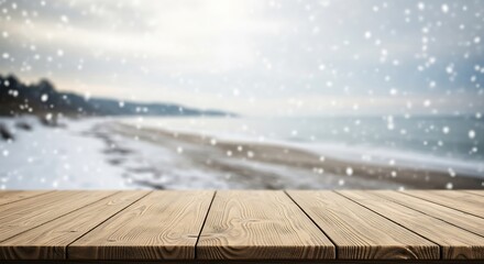 Empty Wooden Table with Blurred Snowy Winter Beach Background