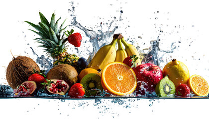 Colorful array of fresh fruits with splashing water creating a vibrant and refreshing display on a black background