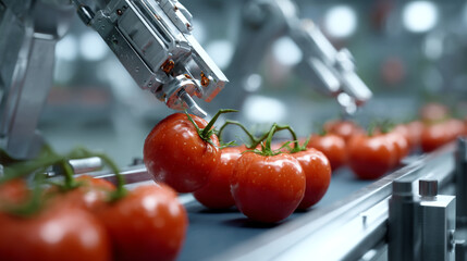 Robotic arm picking ripe tomatoes on a conveyor belt in a food processing factory
