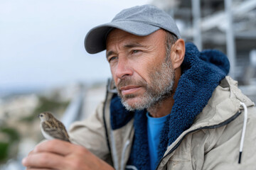 A pensive man holds a small bird on a windswept cliff, reflecting on nature's beauty and the profound bond between humanity and wildlife in serene settings.