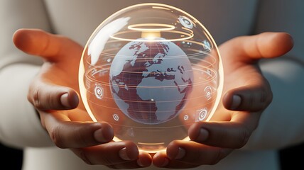 Futuristic holographic sphere held in hands glowing technology orb concentric rings