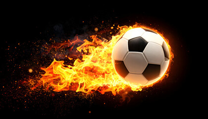 Fototapeta premium Burning football in motion with fiery trail, dynamic sports and competition concept.