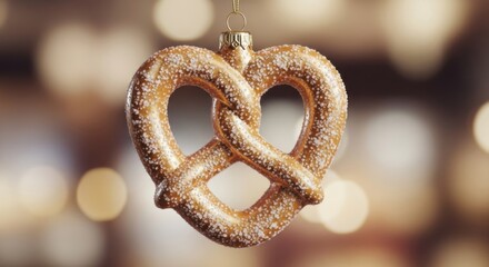 A heartshaped pretzel ornament hangs against a blurred background, creating a festive and warm atmosphere for the holiday season