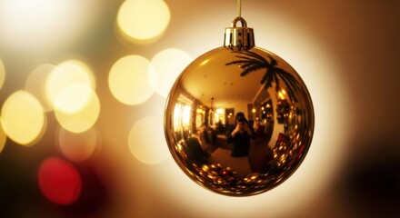 Golden christmas ball ornament hanging with blurred lights in the background, creating a festive and warm atmosphere for the holidays