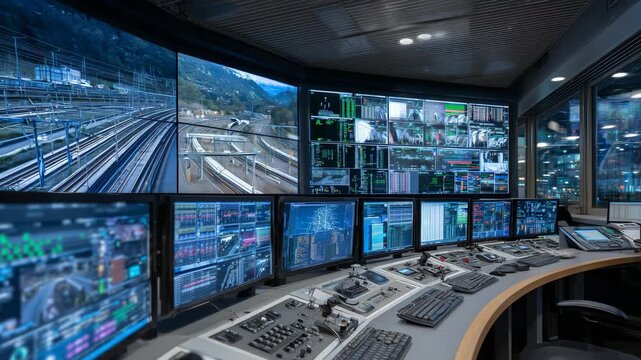 216Futuristic control room with circular arrangement of AI-driven screens, real-time train network monitoring, neon lighting casting ambient reflections
