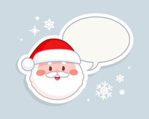 Funny Santa Claus Face sticker in kawaii style with speech bubble . Cartoon Santa Claus Head with text bubble for Christmas design. Editable vector template