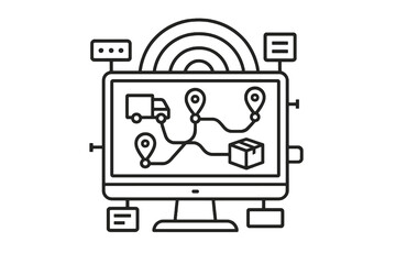 Complex linear icon showing a digital control center with route map and tracking connections, symbolizing logistics monitoring, e-commerce fulfilment, and smart shipping systems.