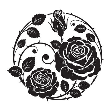 Elegant circular rose floral design with thorns and swirling vines in dark silhouette.