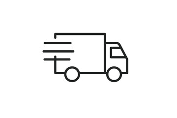 Black thin line vector icon of a delivery truck with motion lines, representing fast shipping and logistics, perfect for e-commerce and business visuals.