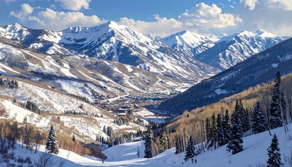 A scenic, wide vista showcasing a snow-covered mountain range, with valleys and a small town nestled below, under a clear, blue sky