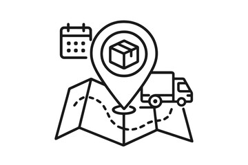 Detailed black thin line vector icon showing pickup location with map pin, parcel, route, truck, and calendar elements, symbolizing logistics, delivery, and fulfilment tracking.