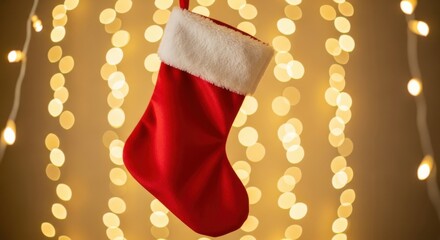 A red christmas stocking with a white cuff hangs against a backdrop of blurred golden lights, creating a festive and cozy holiday atmosphere