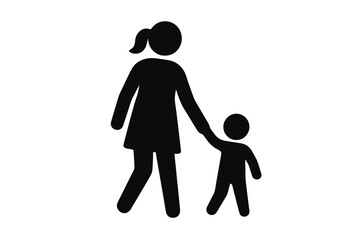 Single black solid icon showing a mother and child walking together, representing independence, motherhood, and affection, ideal for social design and awareness projects.