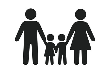 Black glyph vector icon of a family with two parents and two children holding hands, symbolizing unity, protection, and togetherness, perfect for family and community visuals.
