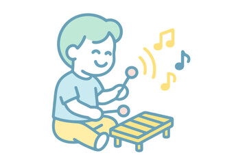 Single vector icon showing a seated child playing music with a pastel palette of green, pink, yellow, and blue, ideal for kindergarten and art education projects.