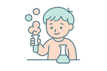 Pastel thin line vector icon of a preschool child doing a colorful science experiment with test tubes, drawn in soft pastel tones, perfect for creative learning visuals.