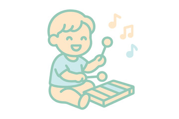 Pastel thin line vector icon of a preschool child playing a small musical instrument such as a xylophone, using soft pastel colors, perfect for creative learning visuals.