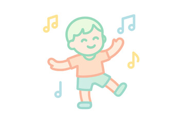 Single vector icon showing a happy child dancing with floating notes in pastel colors, ideal for music education, kindergarten, and joyful design projects.